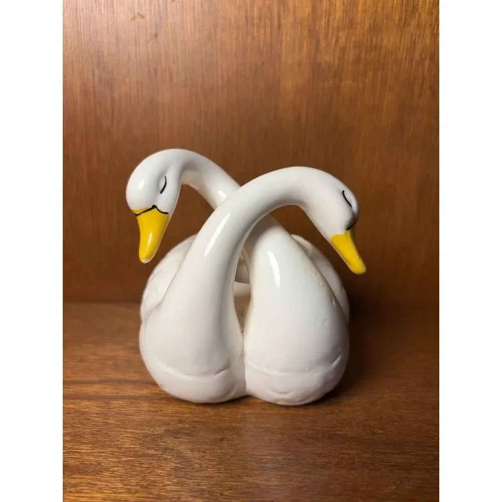 Vintage White Ceramic Double Swan Lovebird Dish Planter Intertwined Necks